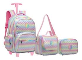 Kit Mochila Escolar Feminina Tie Dye Colorida Rodinhas G Cor Rosa-claro