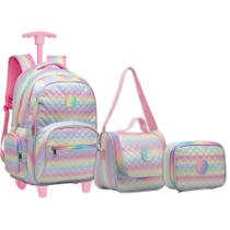 Kit Mochila Escolar Feminina Tie Dye Colorida Rodinhas G KIT8143