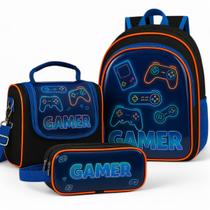 Kit Mochila Escolar Gamer Infantil Masculino + Lancheira Transversal + Estojo Duplo Menino Cristal Kit Mochila Escolar Gamer Infantil Masculino + Lancheira Transversal + Estojo Duplo Menino Cristal
