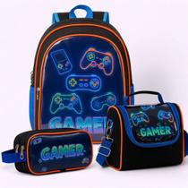 Kit Mochila Escolar Gamer Infantil Masculino + Lancheira Transversal + Estojo Duplo Menino Cristal