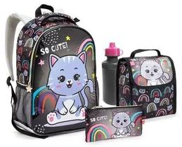 Kit Mochila Escolar Gato Arco Íris - Seanite Kit Mochila Escolar Gato Arco Íris - Seanite