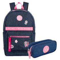 Kit Mochila Escolar Grande Trend Estojo Sestini Azul Jeans