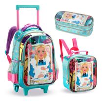 Kit Mochila Escolar Holográfica Rodinha Alice Pais das Maravilhas Lancheira Estojo Kit Mochila Escolar Holográfica Rodinha Alice Pais das Maravilhas Lancheira Estojo