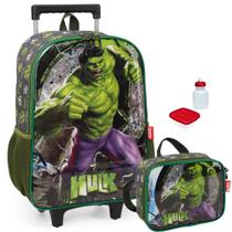 Kit Mochila Escolar Hulk Marvel Verde Rodinha Infantil Tam G Lancheira Térmica