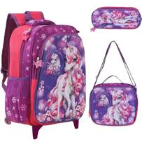 Kit Mochila Escolar Infantil 3d Roda Led Lancheira Estojo Rosa Unicórnio