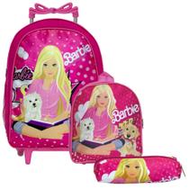 Kit Mochila Escolar Infantil Barbie Mattel Rosa Com Rodinhas