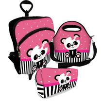 Kit Mochila Escolar Infantil + Bolsa Lancheira + Estojo Plus - Panda Lacinho - Mega Oferta