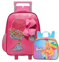 Kit Mochila Escolar Infantil Boneca 3D Menina Laço Rodinhas Impermeável Lancheira Térmica