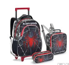 Kit Mochila Escolar Infantil com Carrinho de Rodinhas Lancheira e Estojo Preto Spider Aranha KT41400