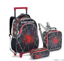 Kit Mochila Escolar Infantil com Carrinho de Rodinhas Lancheira e Estojo Preto Spider Homem Aranha