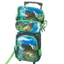 kit Mochila Escolar Infantil com Rodinhas Dinossauro Mais Lancheira e Estojo Reforçada Com Alça