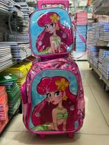 Kit Mochila Escolar Infantil com Rodinhas + Lancheira e Estojo Estampa Sereia Rosa
