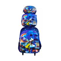 Kit Mochila Escolar Infantil com Rodinhas Sonic 3D + Lancheira Térmica + Estojo Escolar
