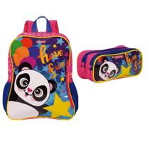 Kit Mochila Escolar Infantil Costas Lancheira Estojo Panda