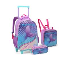 Kit Mochila Escolar Infantil de Rodinha Lancheira Estojo Calda Princesa Sereia Meninas(KT43261)