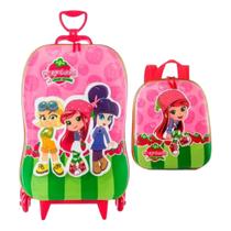 Kit Mochila Escolar Infantil de Rodinhas 3D Moranguinho Kit Mochila Escolar Infantil de Rodinhas 3D Moranguinho