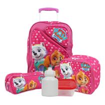 Kit Mochila Escolar Infantil de Rodinhas G 3 Bolsos Patrulha Canina Skye e Everest