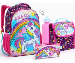 Kit Mochila Escolar Infantil Feminina Lancheira Estojo Garrafa Unicórnio Menina