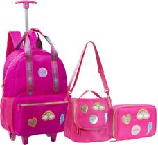 Kit Mochila Escolar Infantil Juvenil Arco Iris Adesivos Rosa