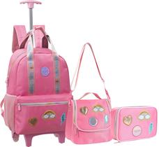 Kit Mochila Escolar Infantil Juvenil Arco Iris Adesivos Rosa