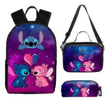 Kit Mochila Escolar Infantil Lancheira Estojo Stitch Roxo