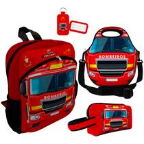 Kit Mochila Escolar Infantil Lancheira Térmica Estojo Necessaire Plus Isoprene Bombeiro