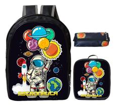 Kit Mochila Escolar Infantil Masculina Menino + Lancheira Termica + Estojo Astronauta