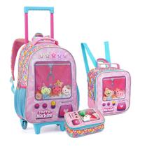 Kit Mochila Escolar Infantil Menina De Roda com Luz Lancheira Kit 3 Peças Fluffy Machine