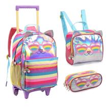 Kit Mochila Escolar Infantil menina gatinha Com Rodinhas