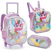 Kit Mochila Escolar Infantil Menina Rodinha Lancheira Térmica Estojo Crianças Volta Aulas 2025