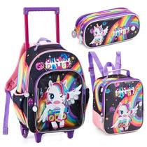 Kit Mochila Escolar Infantil Meninas Com Rodinhas Unicórnio Denlex