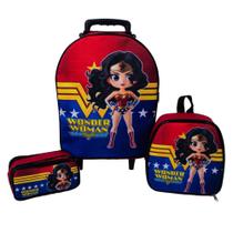 Kit Mochila Escolar Infantil Mulher Maravilha Carrinho Lancheira Estojo Vermelha