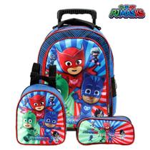 Kit Mochila Escolar Infantil PJ Masks De Rodinhas Azul