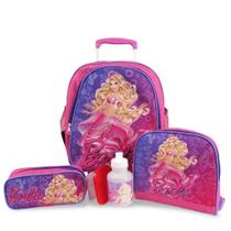 Kit Mochila Escolar Infantil Rodinhas Barbie Sereia Tam M
