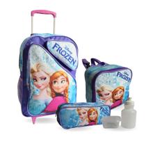 Kit Mochila Escolar Infantil Rodinhas Frozen Rosa Tam G