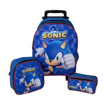 Kit Mochila Escolar Infantil Rodinhas Sonic Azul