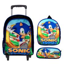 Kit Mochila Escolar Infantil Sonic Azul Com Rodinhas