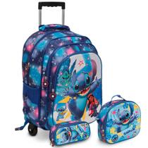 Kit Mochila Escolar Infantil Stitch Rodinha Lancheira Azul