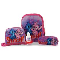 Kit Mochila Escolar Infantil Stitch Rosa Costas Tam G