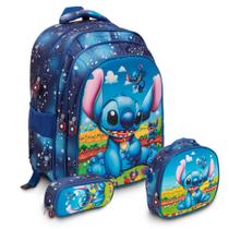 Kit Mochila Escolar Infantil Stitch Tam G Creche Alça Costas