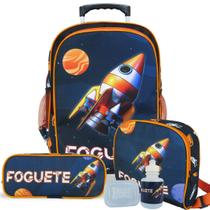 Kit Mochila Escolar Infantil Tam G de Rodinhas Foguete - Vou Leve