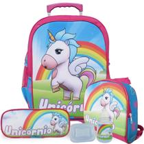 Kit Mochila Escolar Infantil Tam G de Rodinhas Unicórnio - Vou Leve