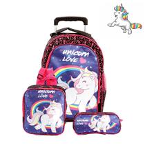 Kit Mochila Escolar Infantil Unicórnio Roxa Com Rodinha Kit Mochila Escolar Infantil Unicórnio Roxa Com Rodinha