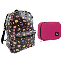 Kit Mochila Escolar Juvenil + Estojo Box 100 Pens Estruturado Porta Lapis Yepp Emojis