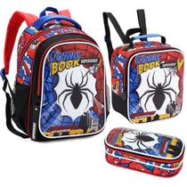 Kit Mochila Escolar Lancheira E Estojo Menino Aranha Spider