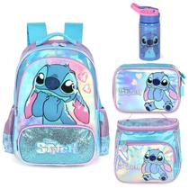 Kit mochila escolar lancheira estojo garrafa infantil lilo stitch