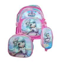 Kit mochila escolar lancheira estojo infantil com alça ajustável feminina princesa