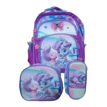 Kit mochila escolar lancheira estojo infantil com alça ajustável feminina princesa pet