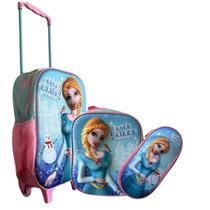 Kit Mochila Escolar Lancheira Estojo Rodinha 3d Mundo Gelado Cor Azul-celeste