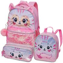 Kit Mochila Escolar Lancheira Térmica Estojo Infantil Packme Kitten